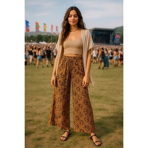 Valija Rayon Flowy Wide Leg Pants Size 4 | Boho Paisley High Rise Elastic Waist